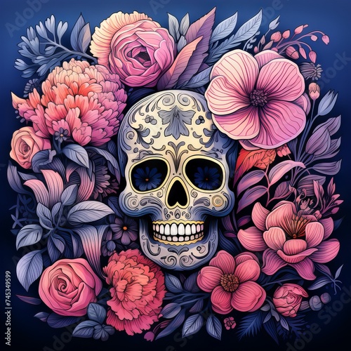 Skull and pink flowers clipart