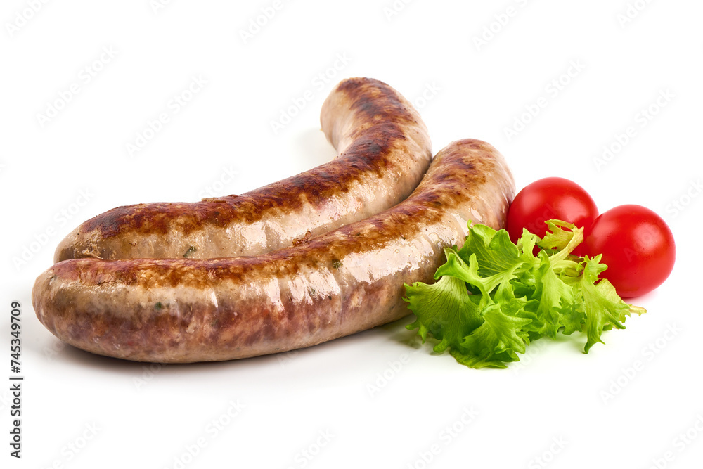 Grilled Munich Sausages, close-up, isolated on white background. Grilled Munich Sausages, close-up, isolated on white background.