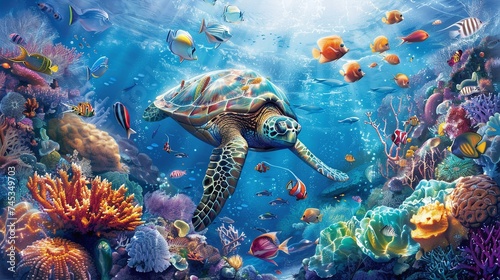 sea turtle swimming with colorful fish and coral in underwater ocean scene, depicting the rich biodiversity of the marine environment