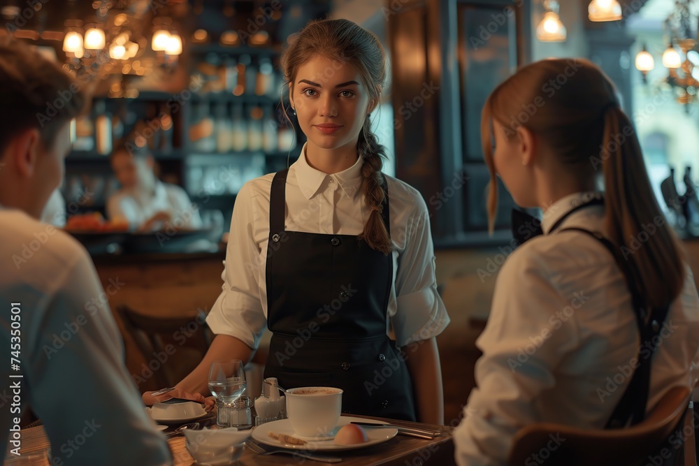 Beautiful woman waitress in apron serving new guests in cafe