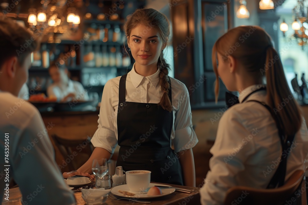 Beautiful woman waitress in apron serving new guests in cafe Beautiful woman waitress in apron serving new guests in cafe