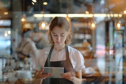 Beautiful woman waitress in apron using digital tablet in cafe