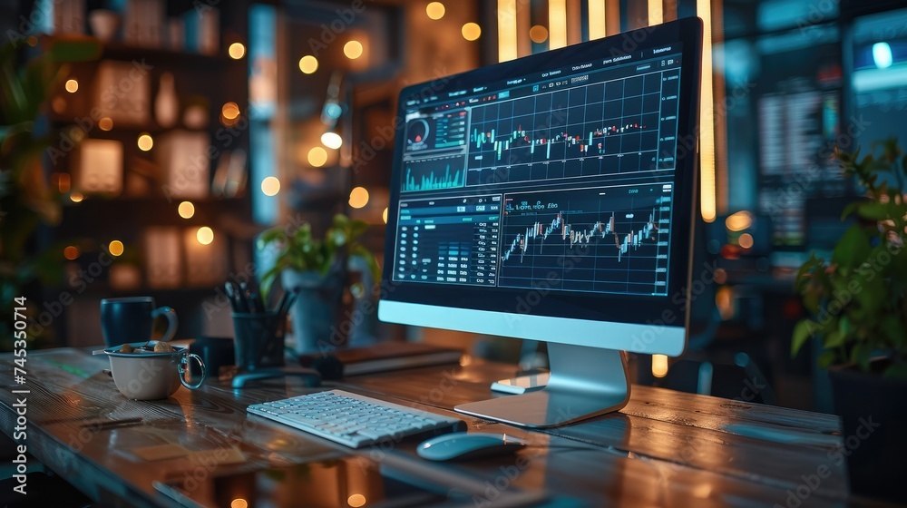 A computer screen in a office, Small software house, computer, table with chart in background. Generative AI. A computer screen in a office, Small software house, computer, table with chart in background. Generative AI.