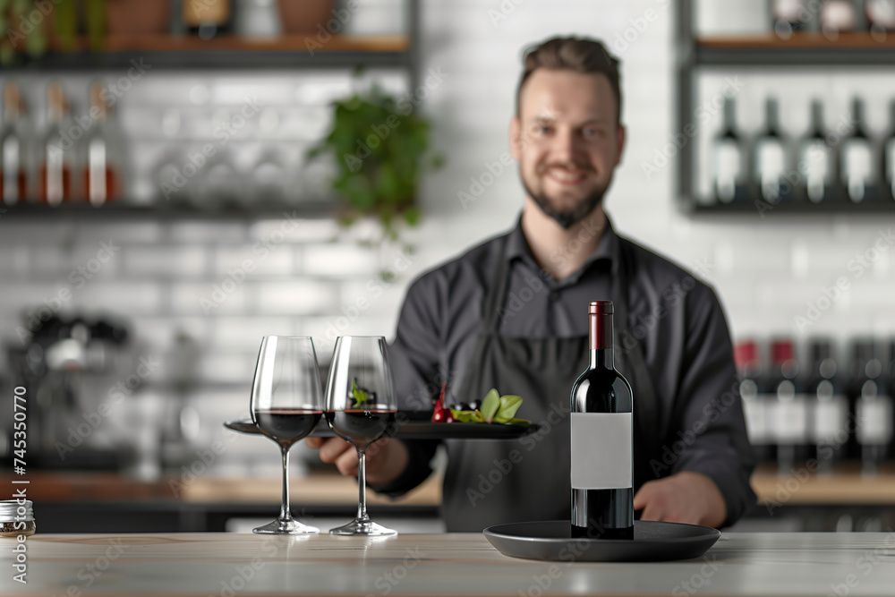 Handsome man waiter holding tray with bottle of wine and glasses