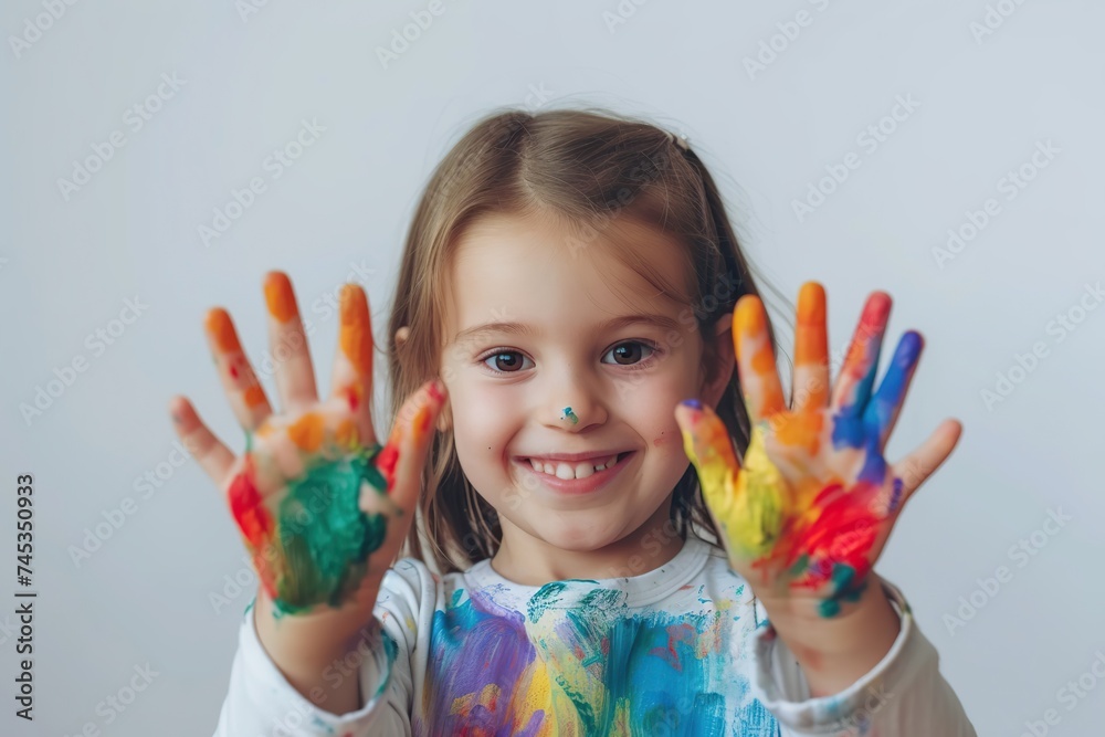 Child showing hands painted in colorful paints Child showing hands painted in colorful paints
