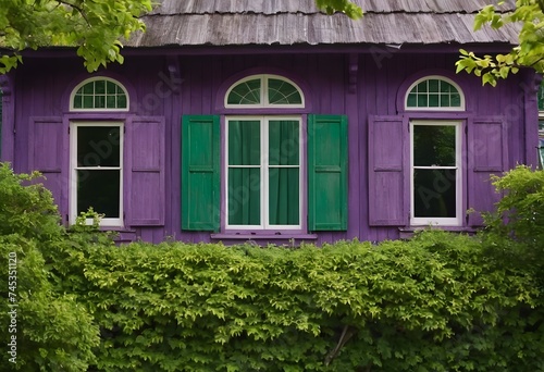 Purple Wooden House With Green Wooden Windows