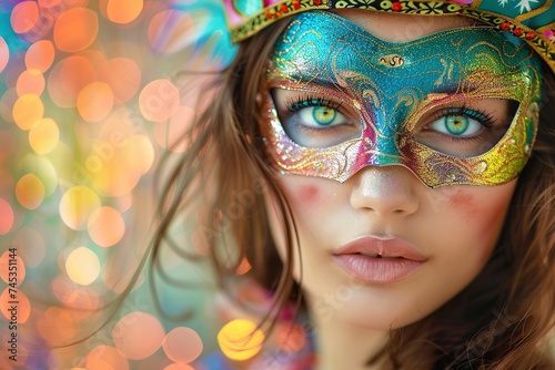Portrait of beautiful woman in colorful eye mask on blurred background. Carnival mask