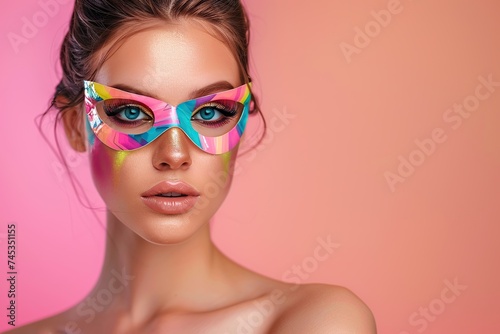 Portrait of beautiful woman in colorful eye mask. Carnival mask