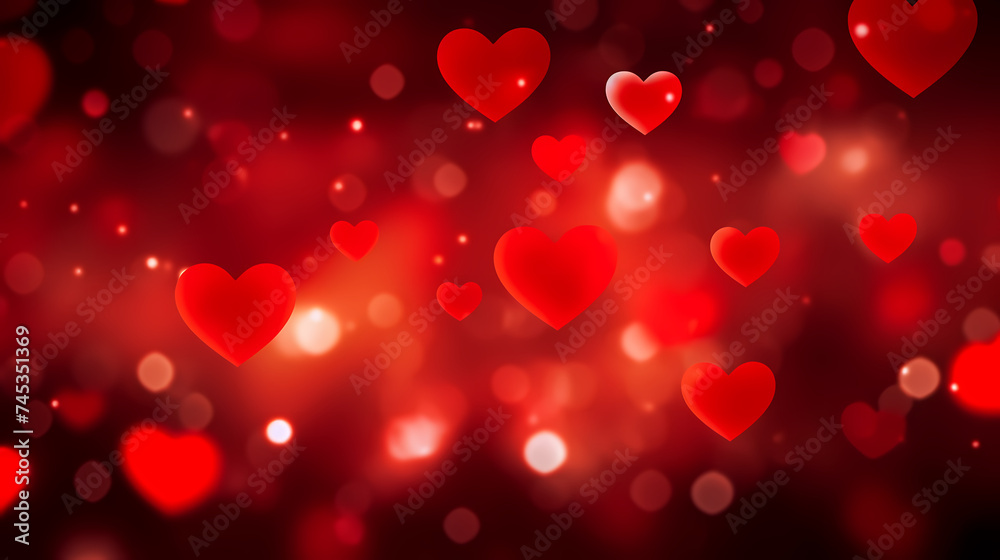 Abstract Valentine's Day background with red hearts and blurred bokeh lights Abstract Valentine's Day background with red hearts and blurred bokeh lights
