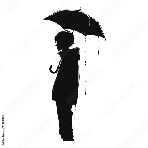 Silhouette boy with umbrella during drizzle black color only