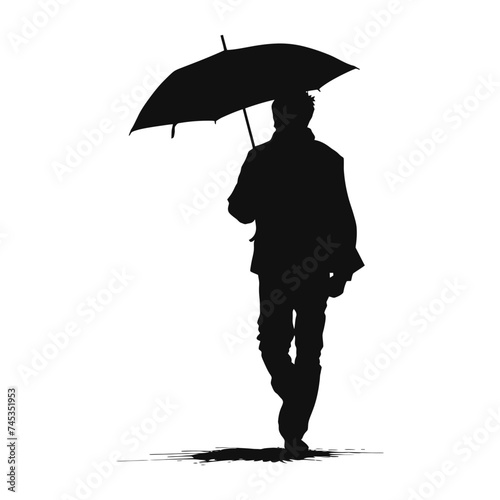 Silhouette boy with umbrella during drizzle black color only