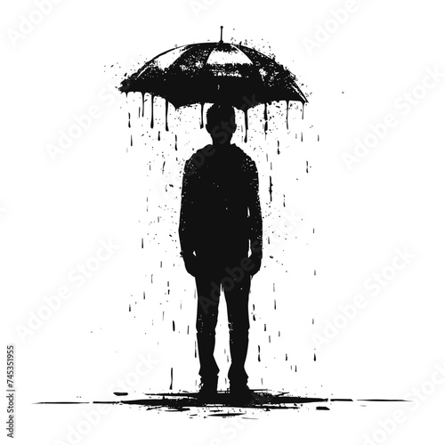 Silhouette boy with umbrella during drizzle black color only