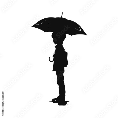Silhouette boy with umbrella during drizzle black color only