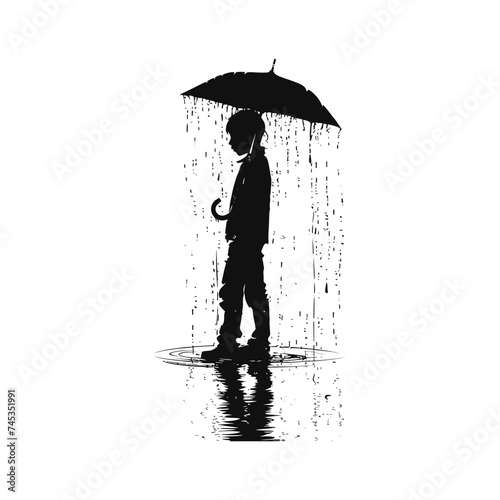 Silhouette boy with umbrella during drizzle black color only