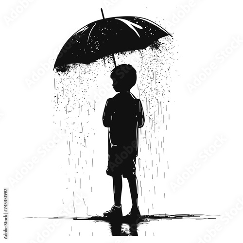 Silhouette boy with umbrella during drizzle black color only