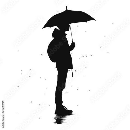 Silhouette boy with umbrella during drizzle black color only