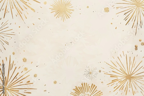 White paper patterned background with a golden fireworks background, in the style of hand-drawn elements, minimalist purity, festive atmosphere, light white, simple designs, limited shading.