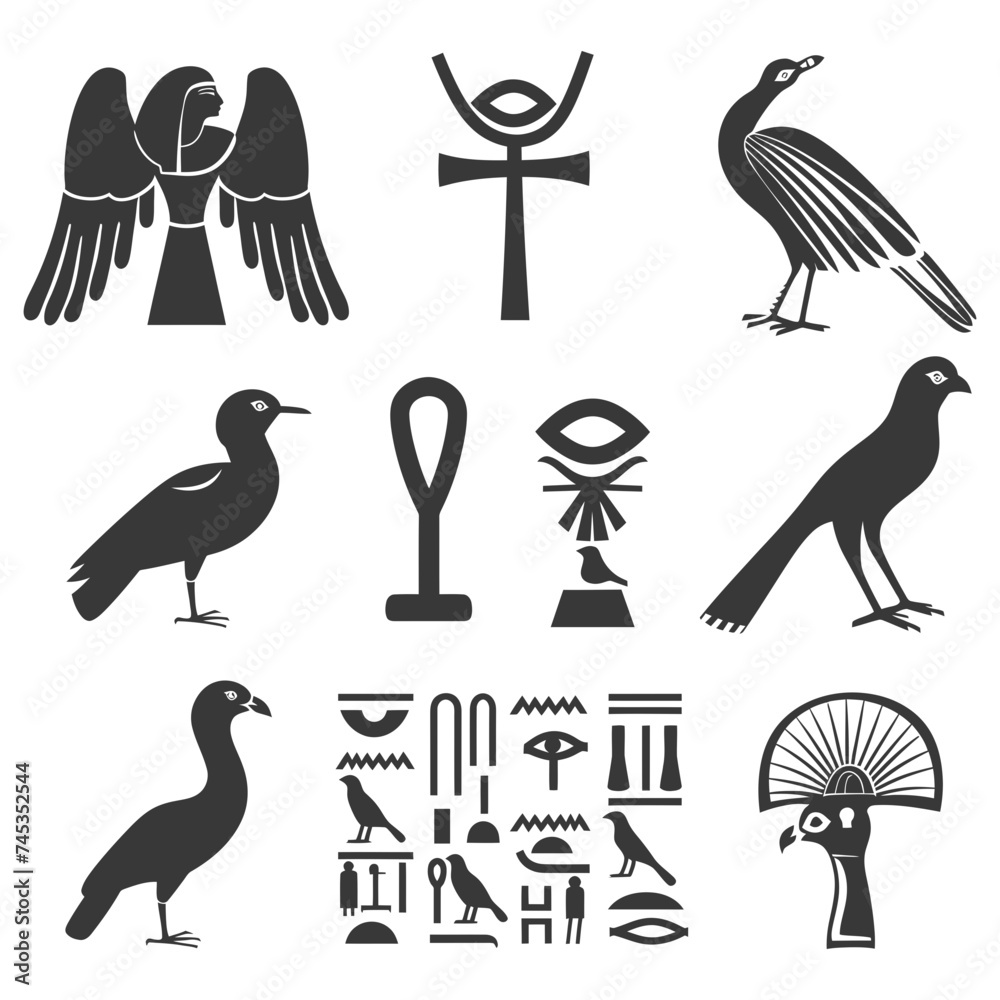 Silhouette collection of ancient egyptian hieroglyphs symbol logo black color only - obrazy, fototapety, plakaty 