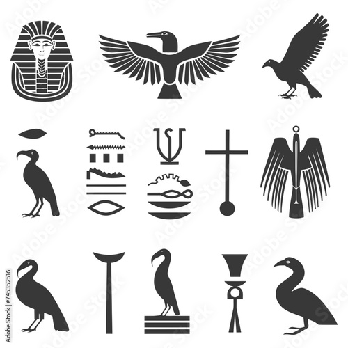 Silhouette collection of ancient egyptian hieroglyphs symbol logo black color only