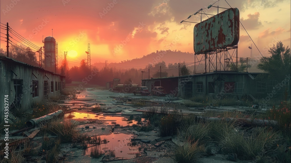A derelict military base at sunset. Generative AI. A derelict military base at sunset. Generative AI.