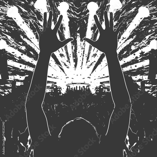 Silhouette hands raised at a music festival black color only