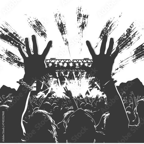 Silhouette hands raised at a music festival black color only
