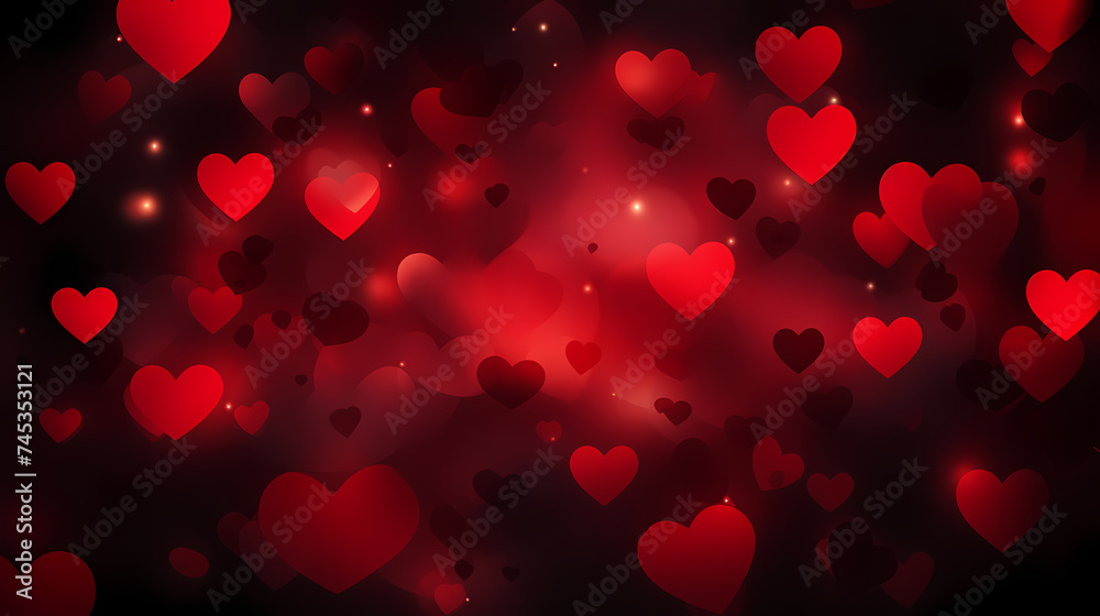 Abstract Valentine's Day background with red hearts and blurred bokeh lights