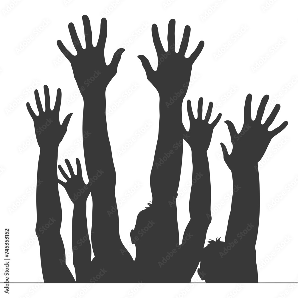 Silhouette hands raised at a music festival black color only