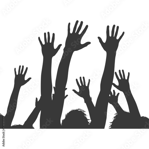 Silhouette hands raised at a music festival black color only
