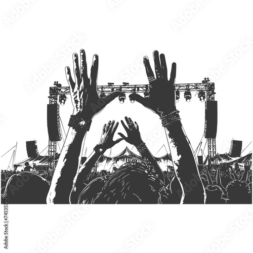 Silhouette hands raised at a music festival black color only