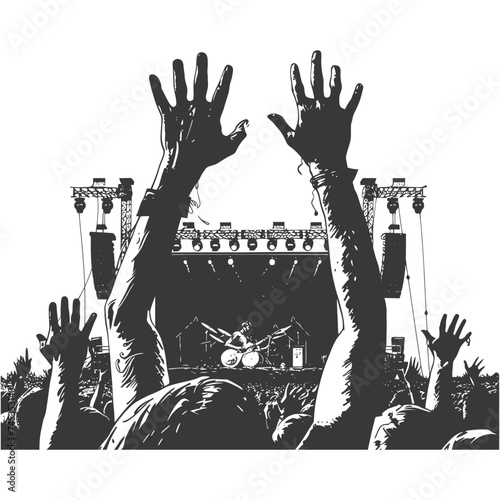 Silhouette hands raised at a music festival black color only