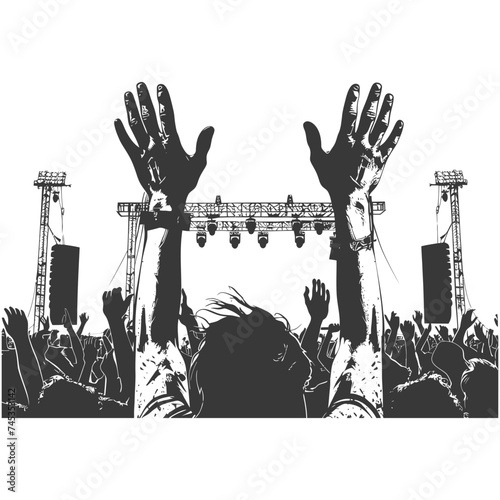 Silhouette hands raised at a music festival black color only