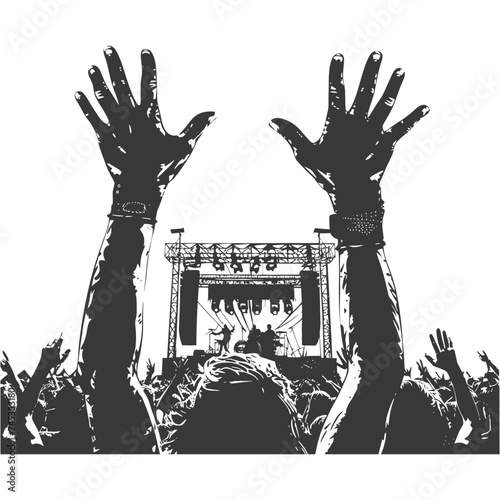 Silhouette hands raised at a music festival black color only