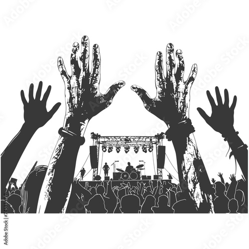 Silhouette hands raised at a music festival black color only