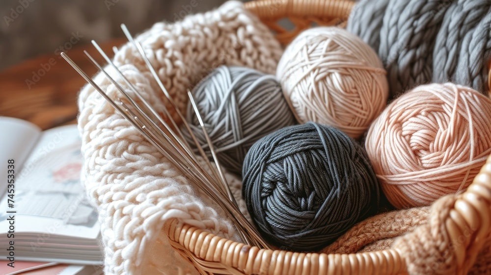 Knitting Essentials with Wool Yarn Balls and Needles in Wicker Basket