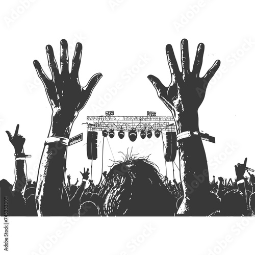 Silhouette hands raised at a music festival black color only