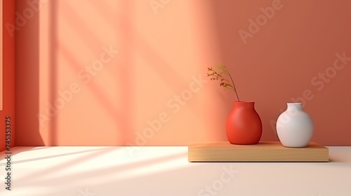 Minimalist table and wall with natural shadow from window for product display and presentation concept background.