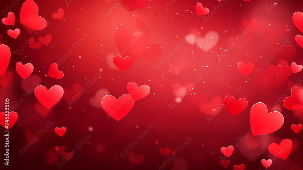 Abstract Valentine's Day background with red hearts and blurred bokeh lights