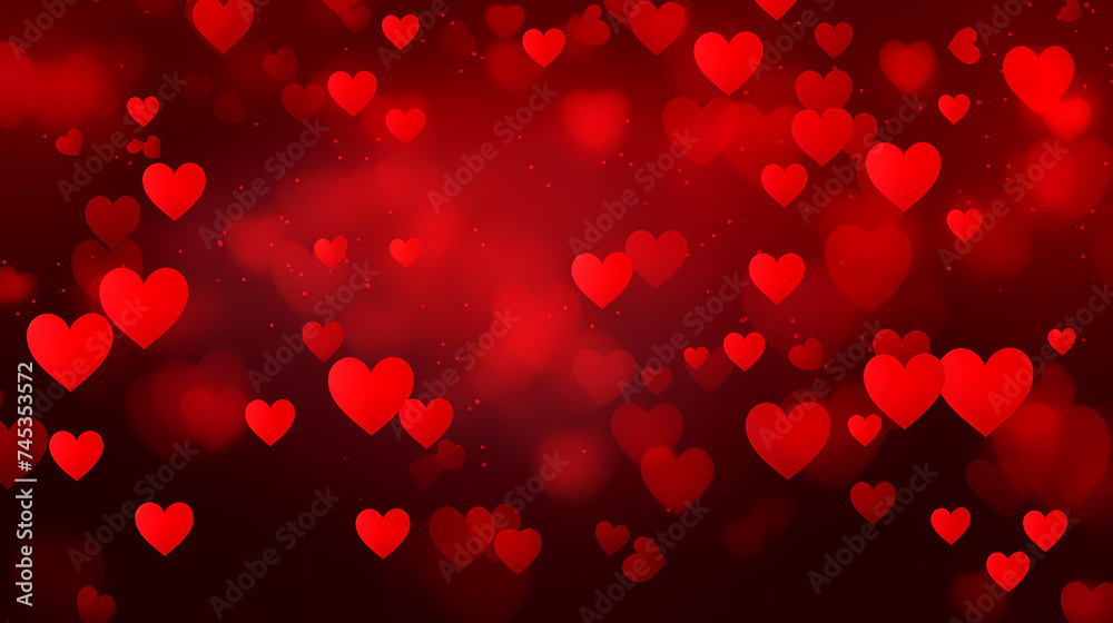 Abstract Valentine's Day background with red hearts and blurred bokeh lights