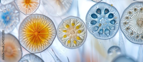 A close up of a group of jellyfish, prominently displaying marine diatom Odontella sp or Trieres sp in a selective focus. The jellyfish are preserved in Lugol solution, showcasing their unique anatomy