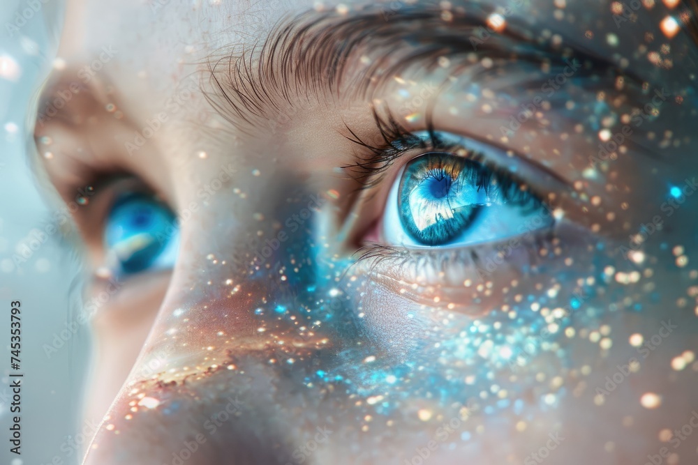 A close-up of a person's eyes merged with the texture of swirling galaxy stars in a double exposure