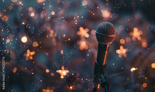 Glowing music sheets notes on beautiful lights bokeh background with microphone