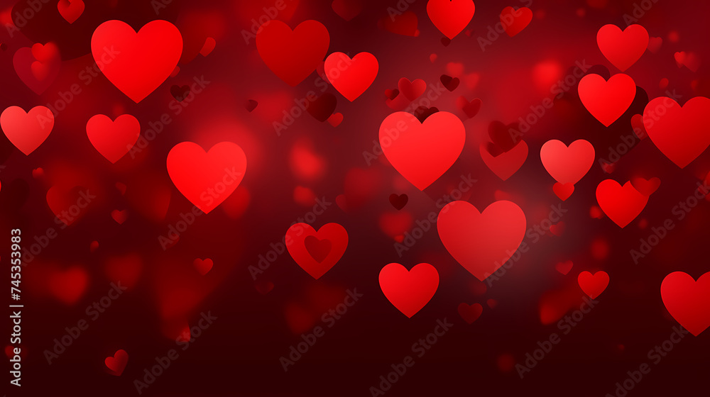 Abstract Valentine's Day background with red hearts and blurred bokeh lights