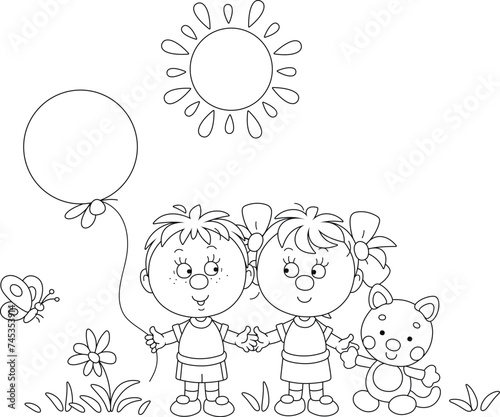 Happy little boy and girl holding hands, walking and merrily playing with their funny toys in a summer park on a warm sunny day, black and white outline vector illustration for a coloring book