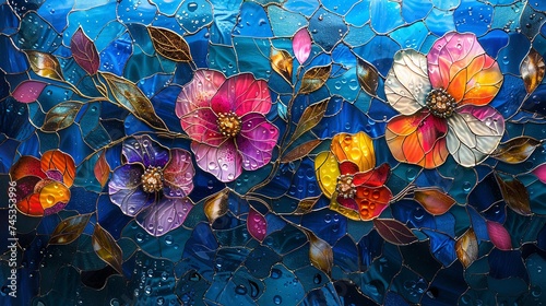 Stained glass window background with colorful Flower and Leaf abstract.