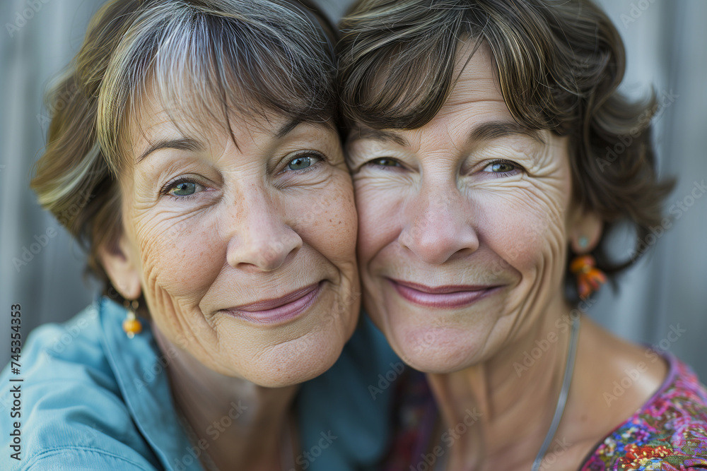 Happy middle-aged couple friends leaning cheek to cheek to each other. Portrait of two smiling mature sisters hugging Happy middle-aged couple friends leaning cheek to cheek to each other. Portrait of two smiling mature sisters hugging