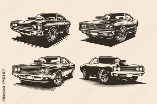 set of classic car silhouette. Vintage American old style muscle car