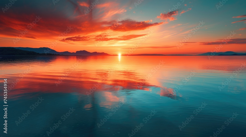Bright sunset over calm sea and distant mountains
