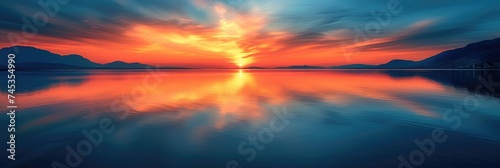 Bright sunset over calm sea and distant mountains © Landscape Planet