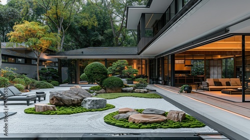 Japanese garden design at modern home. Generative AI.